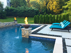 st louis pool construction, custom concrete pool, fire bowl, water bowl, cut stone coping
