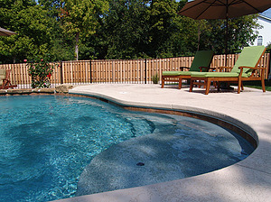 st louis pool construction, custom concrete pool, stair entry, tan shelf, textured deck