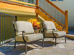 st. louis pool construction, metal outdoor furniture with plush tan cushions
