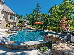 st. louis custom designed freeform concrete pool with jump rock and raised wall