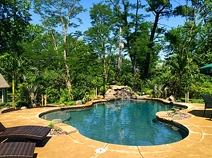 st. louis custom designed freeform concrete pool with nature deck, boulder water feature and hawaiin inspired landscaping 