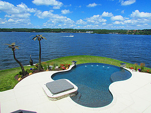 st. louis custom designed freeform concrete pool with spa, laminar jets and metal palm trees overlooking lake