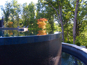 St. Louis custom designed freeform concrete pool with vanishing edge with blue tile and exposed textured wall