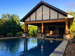 st. louis custom designed geometric concrete pool, covered seating area, pool house