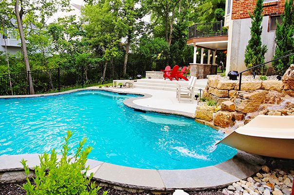 Pool With Boulder Waterfall and Slide