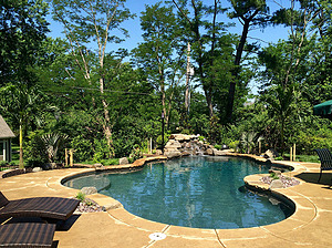 st louis pool construction, custom concrete pool, freeform, nature deck