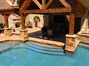 st louis pool construction, custom concrete pool, stair entry, tan shelf, stamped concrete deck