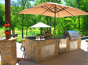 st. louis custom concrete pool, outdoor kitchen, granite counter top with stone veneer, grill, fridge, sink