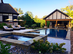 st. louis custom designed geometric concrete pool, stand alone concrete spa, covered structure with seating area