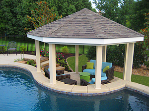st. louis custom designed freeform concrete pool, gazebo structure with seating area