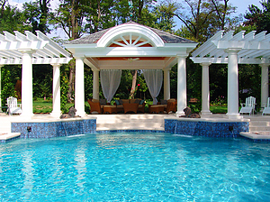 st. louis custom designed concrete pool, gazebo structure with seating area, white pergolas