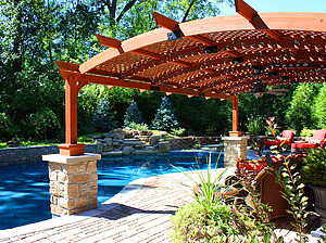 st. louis custom designed freeform concrete pool, wood pergola structure
